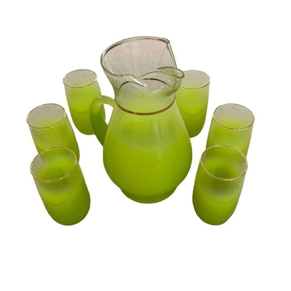 Vintage MCM Kitchen Blendo Lime Green Pitcher 6 Glass Set - Picture 1 of 10